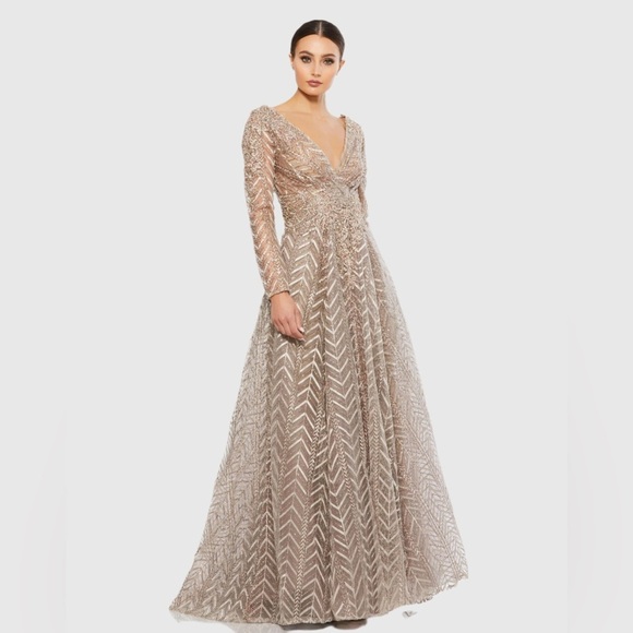 Mac Duggal Beige/Taupe Embellished Illusion Long Sleeve Wrap Over A Line Gown - Picture 2 of 12